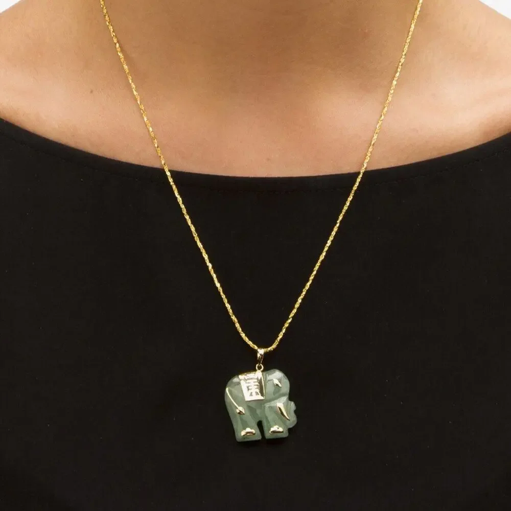Stamped 14K Yellow Gold Carved Nephrite Jade Elephant Pendant - Picture 9 of 9